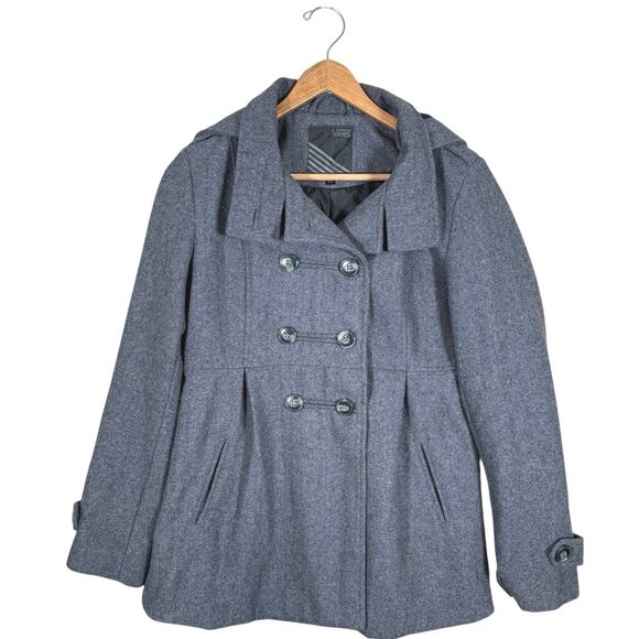 Vans Gray Hooded Wool Blend Peacoat | Women’s Medium Toggle Back Detail - Picture 6 of 12